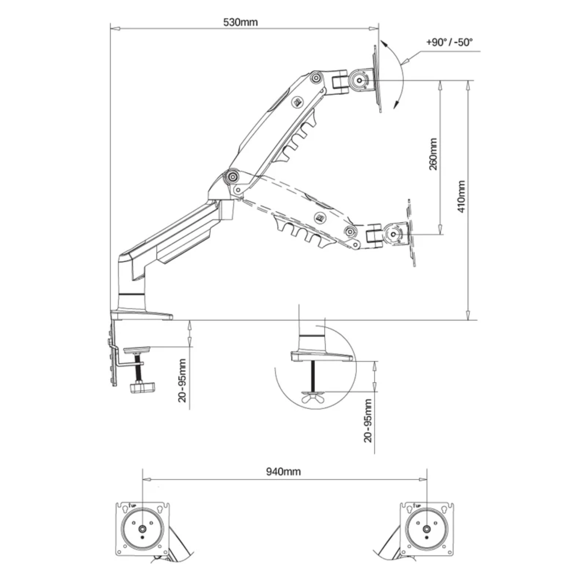 SUPORTE DUPLO ARTICULADO PARA MONITORES 17 A 35 PISTÃO A GÁS F160 