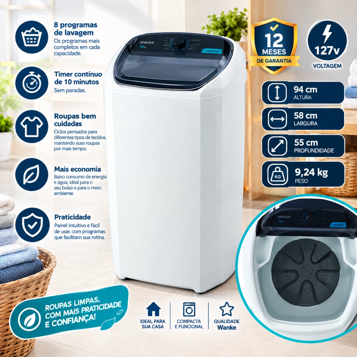 TANQUINHO LAVADORA SEMIAUTOMATICA 10KG WANKE COMFORT 127V TANQUINHO LAVADORA SEMIAUTOMATICA 10KG WANKE COMFORT 127V