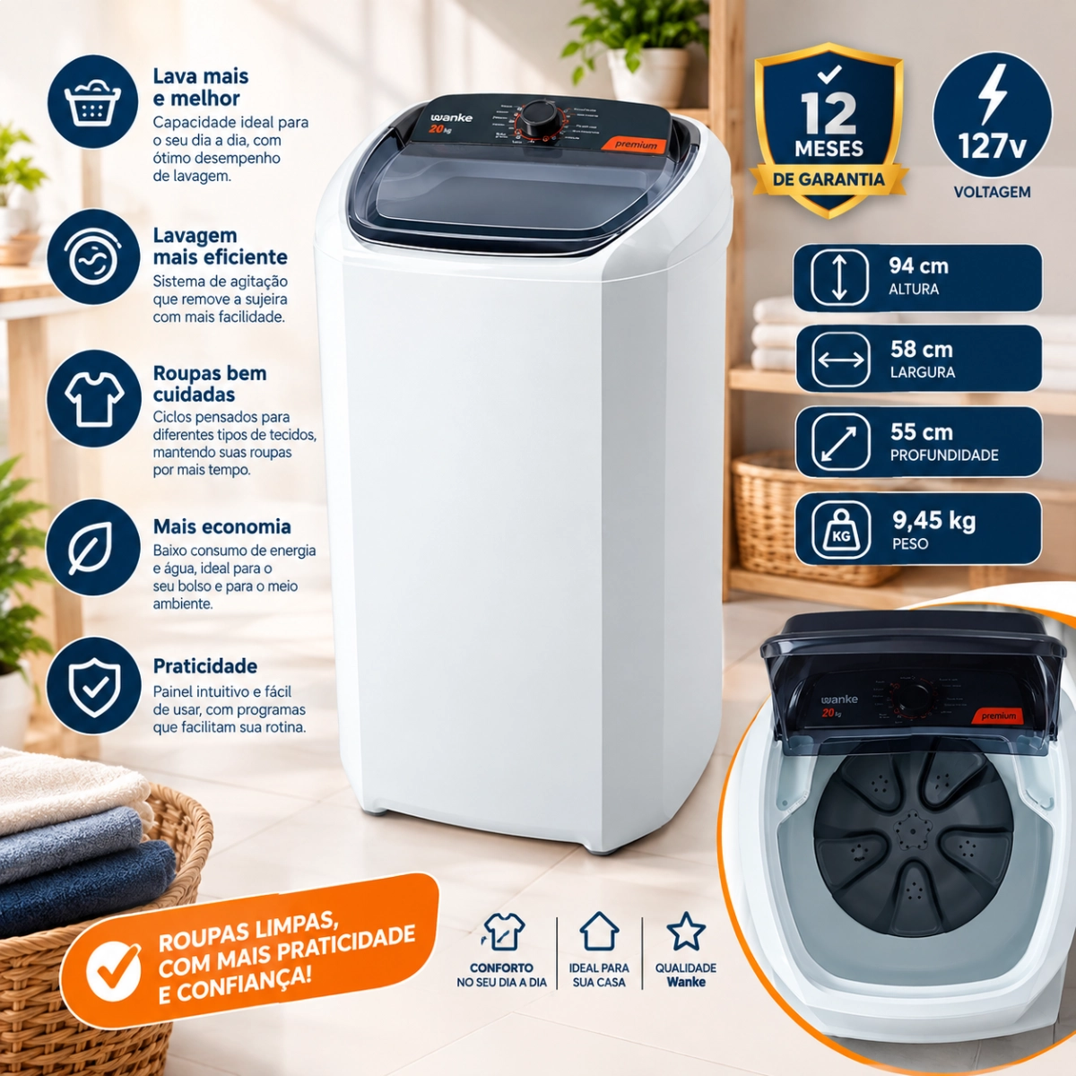 TANQUINHO LAVADORA SEMIAUTOMATICA 20KG WANKE PREMIUM 127V TANQUINHO LAVADORA SEMIAUTOMATICA 20KG WANKE PREMIUM 127V