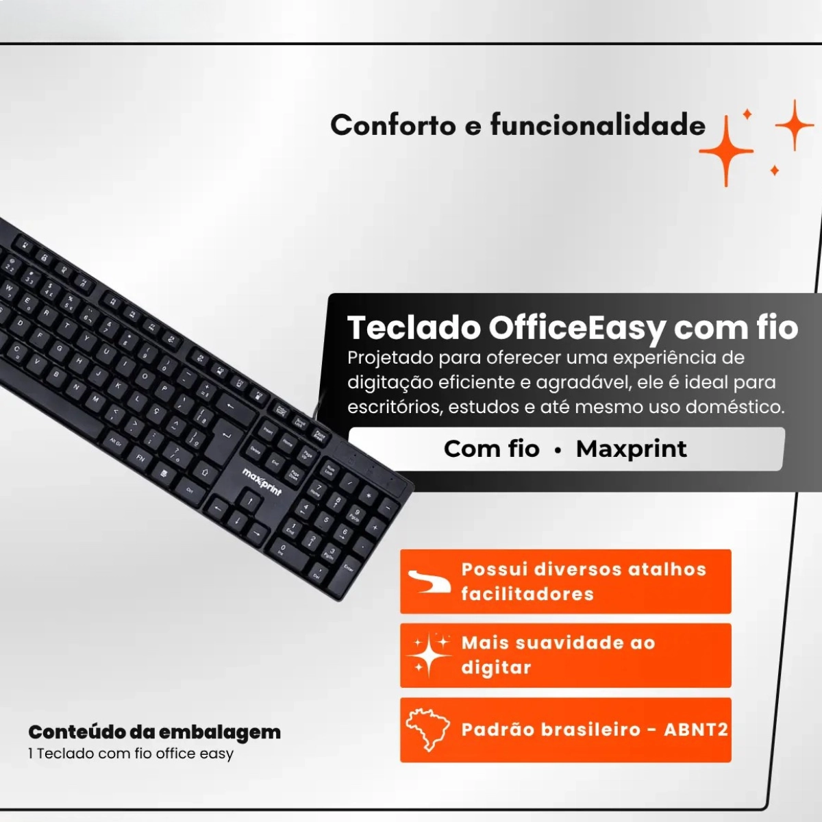 TECLADO COM FIO PARA ESTUDOS E TRABALHOS OFFICEEASY USB2.0 PRETO