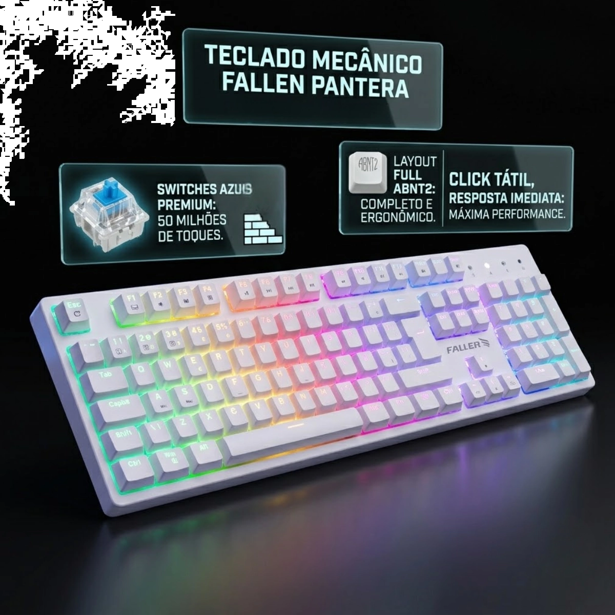 TECLADO GAMER MECÂNICO FALLEN PANTERA RGB BRANCO SWITCH AZUL DOUBLE SHOT TECLADO GAMER MECÂNICO FALLEN PANTERA RGB BRANCO SWITCH AZUL DOUBLE SHOT