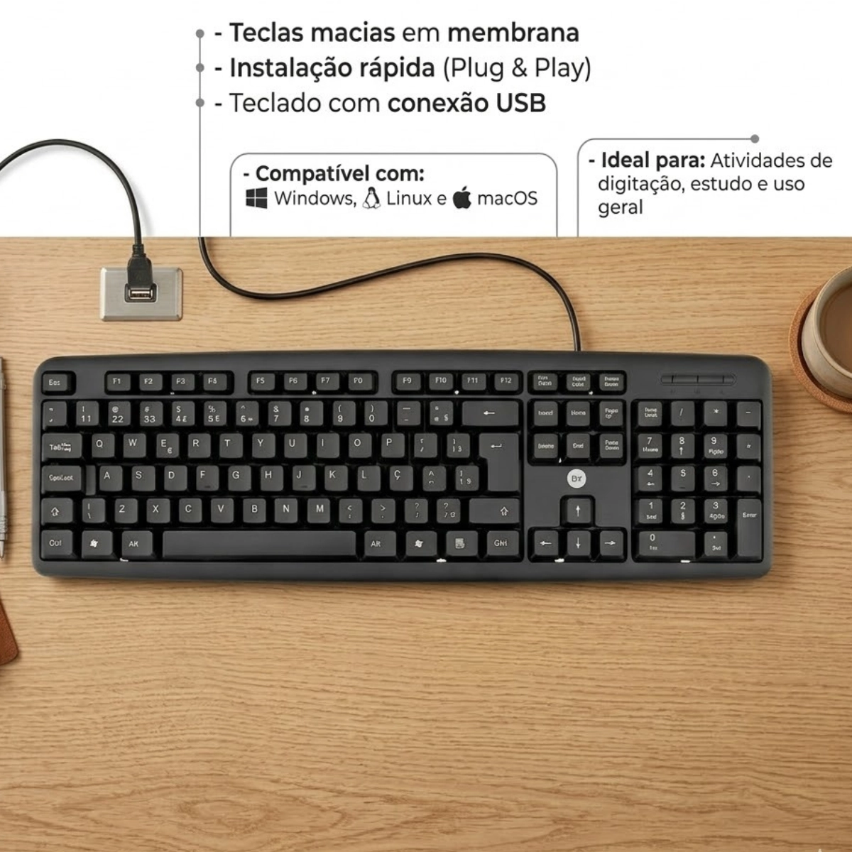 TECLADO OPTICO USB BRIGHT PORTUGUES PRETO BASICO COM FIO QWERTY