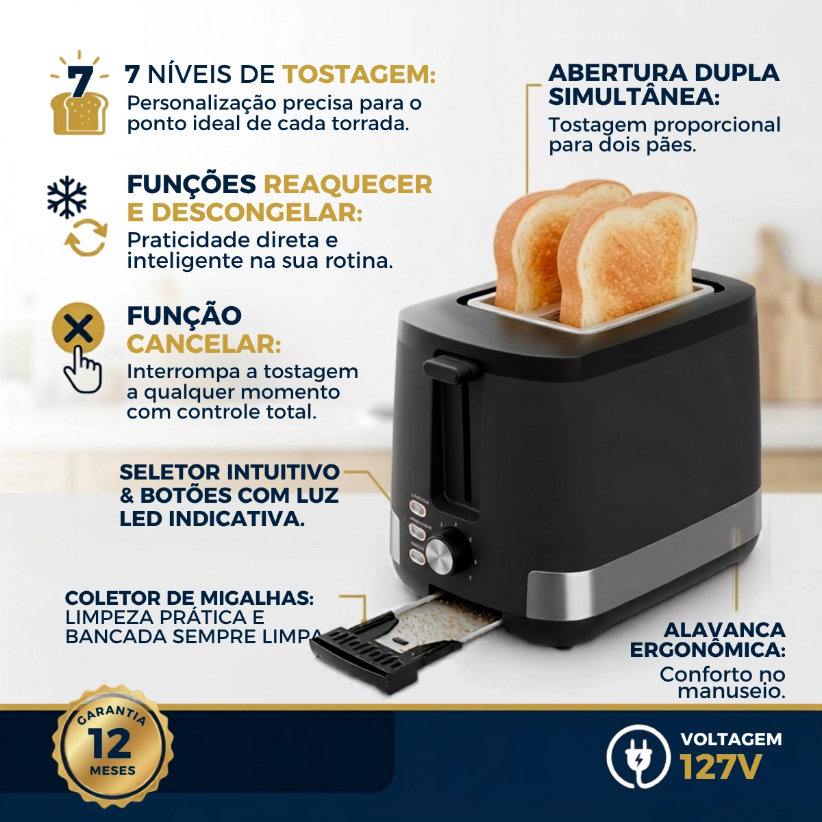 TORRADEIRA BRITÂNIA 7 NÍVEIS 800W BTR06A DUAS FATIAS 127V