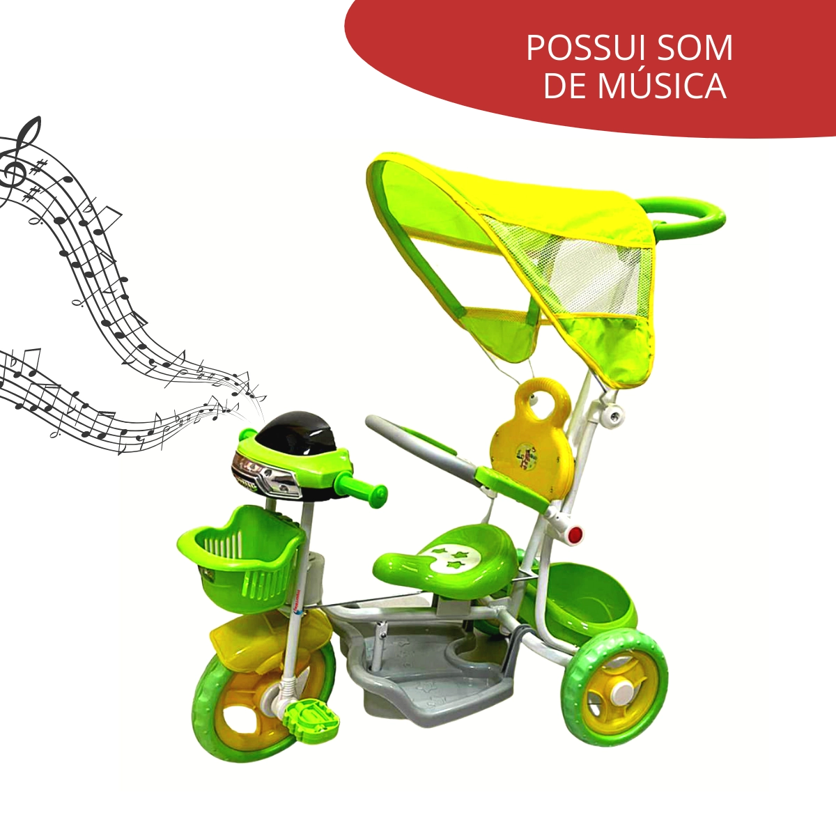 Triciclo Infantil 2 Em 1 Toldo Luzes Música Verde Importway