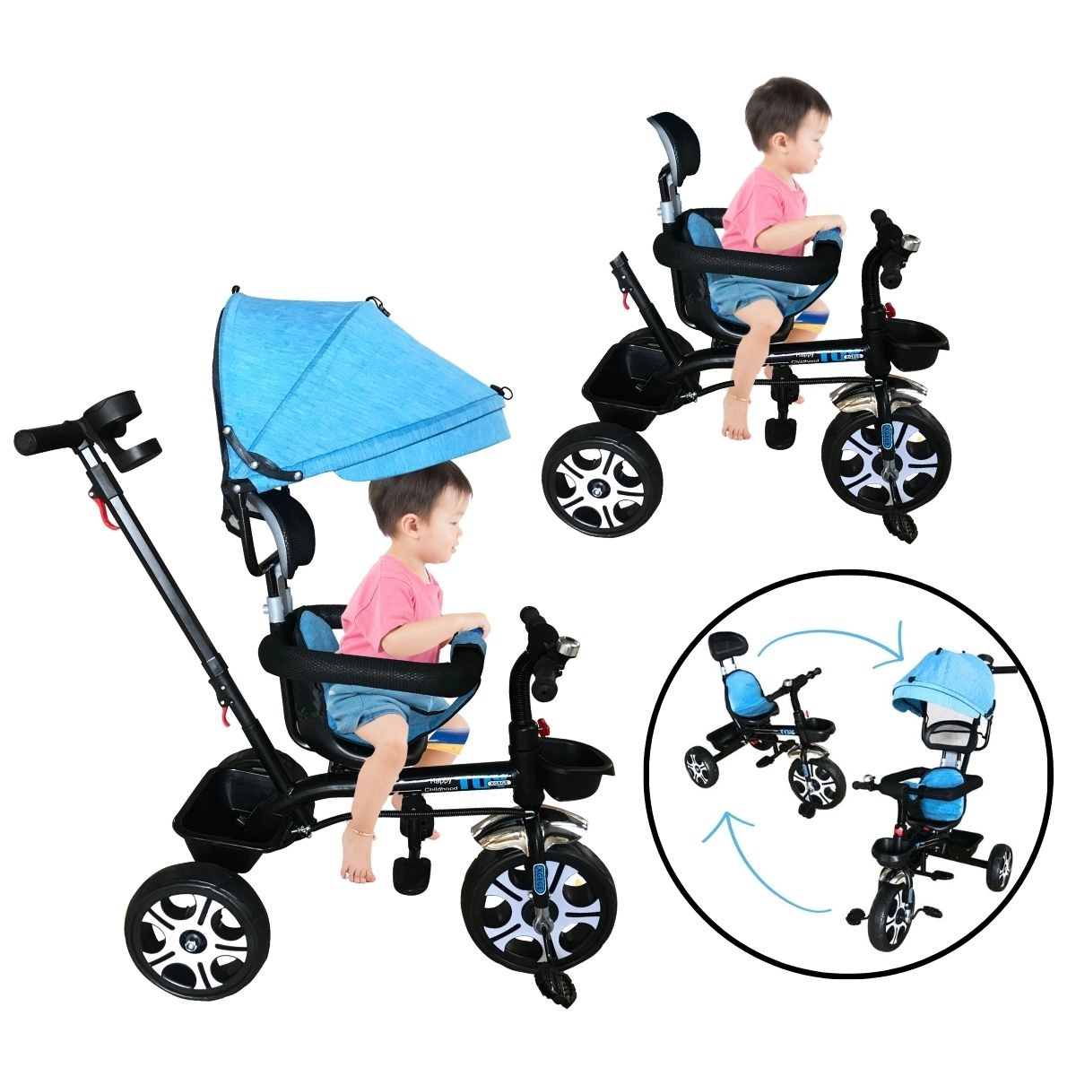 TRICICLO INFANTIL DE PASSEIO COM EMPURRADOR AZUL  - IMPORTWAY