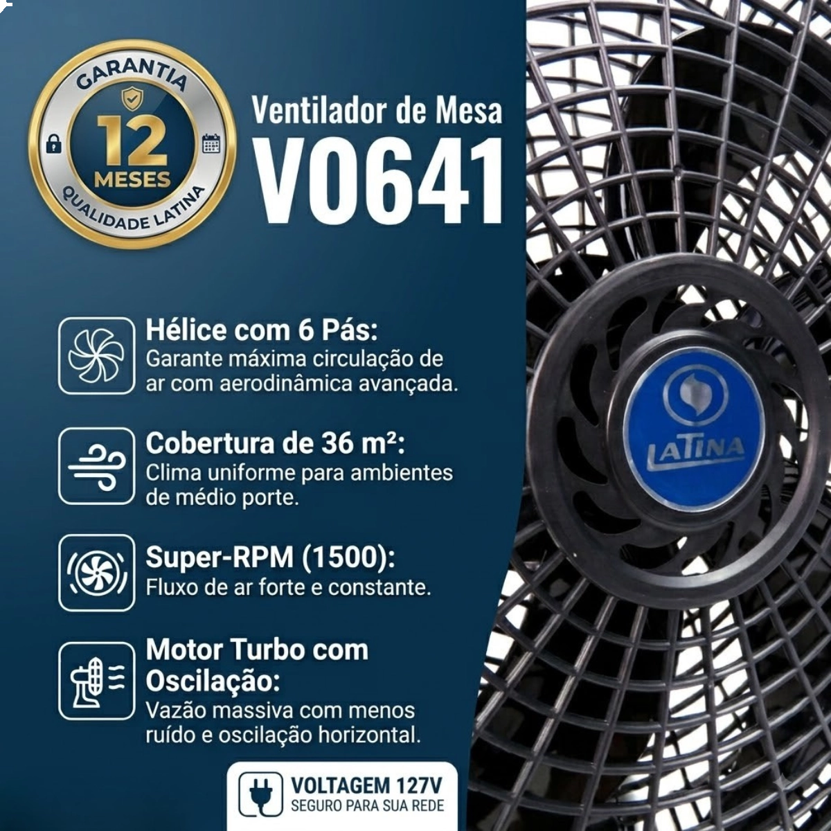 VENTILADOR DE MESA LATINA 40CM 6 PAS SILENCIOSO VO641 127V VENTILADOR DE MESA LATINA 40CM 6 PAS SILENCIOSO VO641 127V