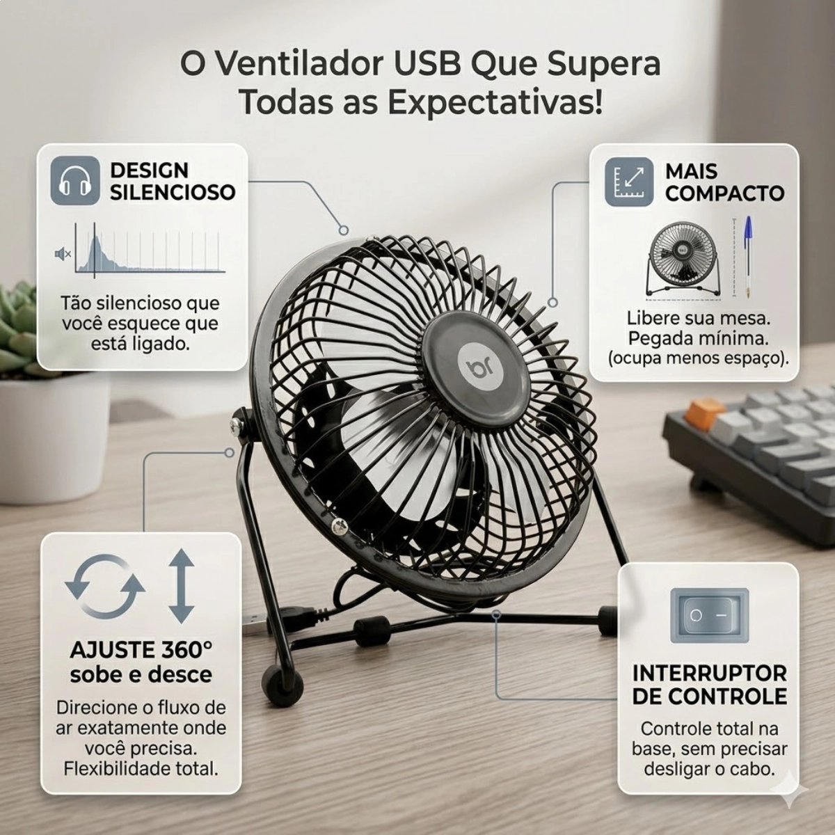 VENTILADOR DE MESA PRETO PORTATIL 15CM 5V USB BRIGHT ULTRA SILENCIOSO