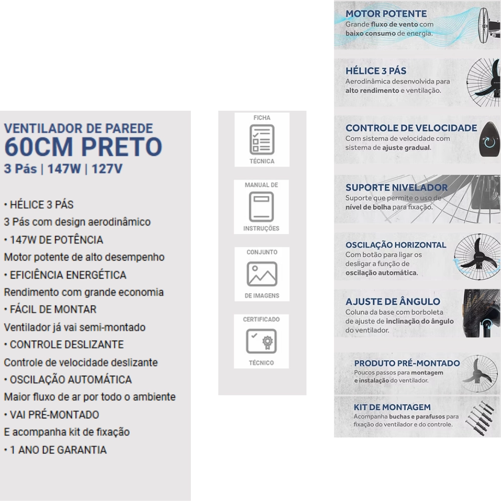 Ventilador Osc de Coluna 60cm Preto/bronze 220v Ventimais 80w