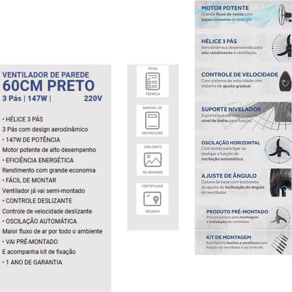 Ventilador Osc de Coluna 60cm Preto/bronze 220v Ventimais 80w